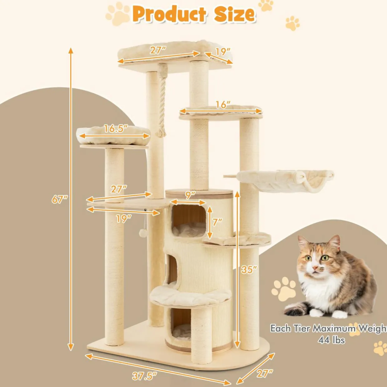 Tangkula Tall Cat Tree, 67 Inch Multi-Level Modern Large Cat Tower with with 3-Story Cat Condo for Indoor Cats 20 lbs Heavy Duty