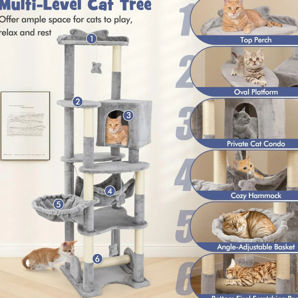 Tangkula Tall Cat Tree, 69 Inch Multi-Level Cat Tower with Sisal Scratching Post, Private Condo