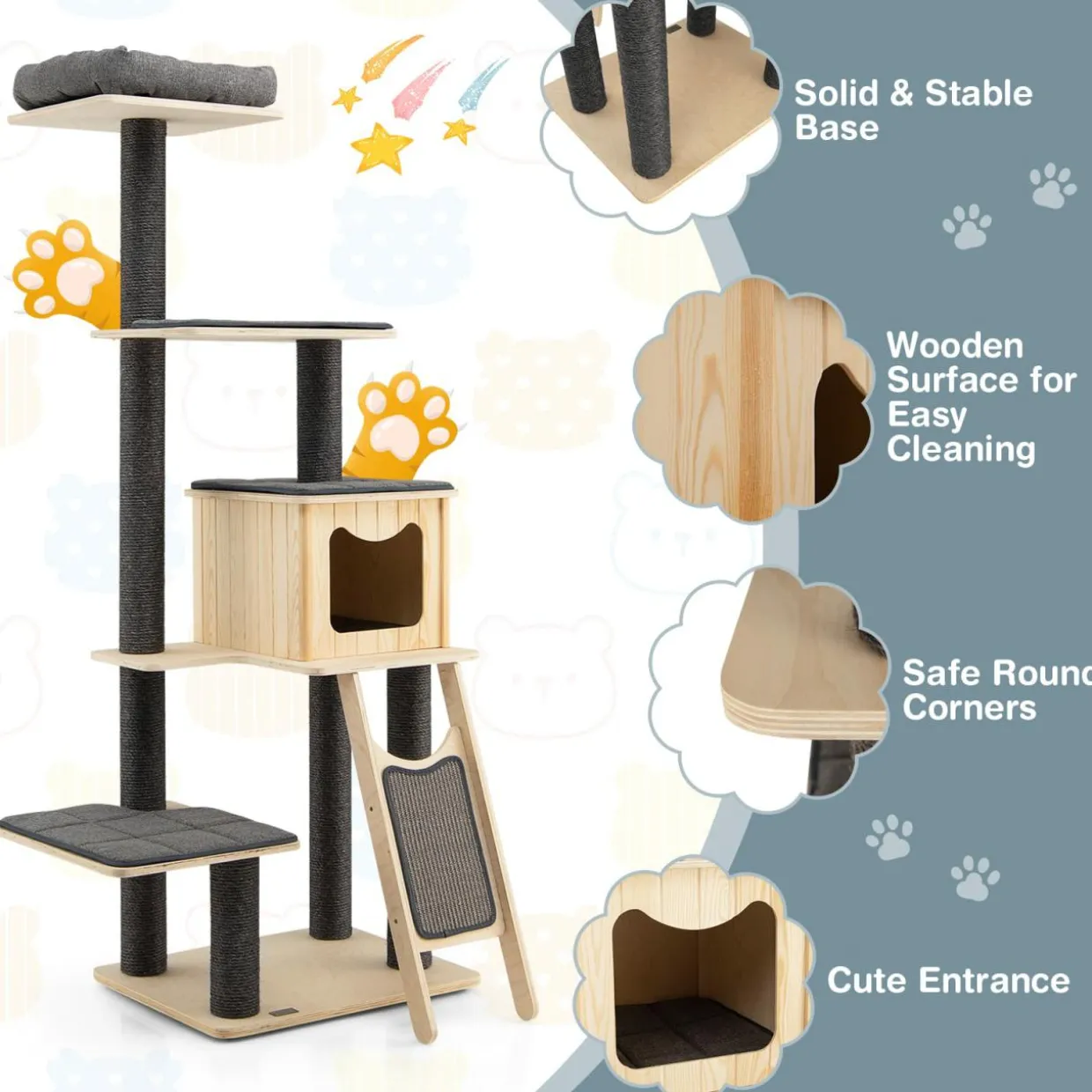 Tangkula Tall Cat Tree, 69 Inch 5-Tier Wood Cat Tower with Scratching Sisal Posts, Top Perch, Cute Cat Condo