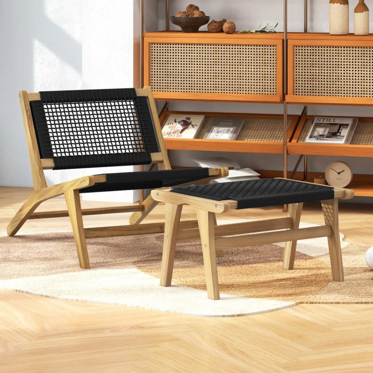 Tangkula Teak Ottoman Footstool, Natural Teak Wood Foot Rest with Handwoven Cordage