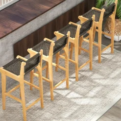 Tangkula Teak Wood Bar Chair, 30” Rattan Bar Stool with Backrest & Footrest