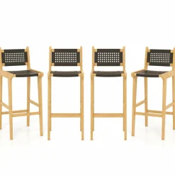 Tangkula Teak Wood Bar Chair, 30” Rattan Bar Stool with Backrest & Footrest