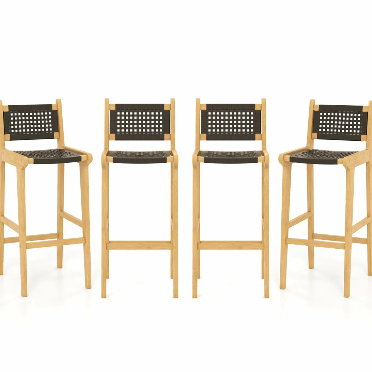 Tangkula Teak Wood Bar Chair, 30” Rattan Bar Stool with Backrest & Footrest