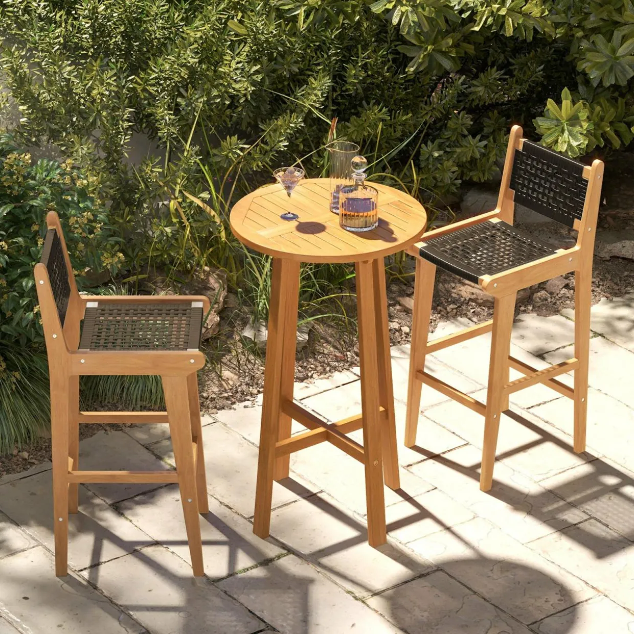 Tangkula Teak Wood Bar Chair, 30” Rattan Bar Stool with Backrest & Footrest