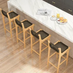 Tangkula Teak Wood Bar Chair, 30” Rattan Bar Stool with Backrest & Footrest
