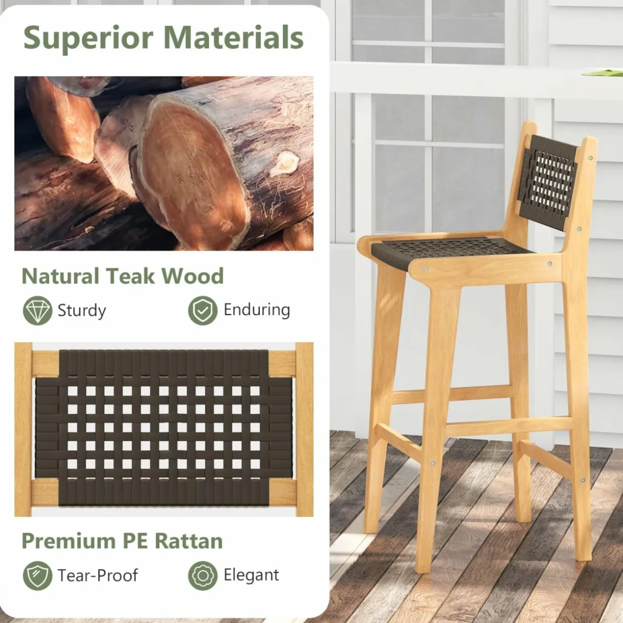 Tangkula Teak Wood Bar Chair, 30” Rattan Bar Stool with Backrest & Footrest