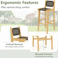 Tangkula Teak Wood Bar Chair, 30” Rattan Bar Stool with Backrest & Footrest