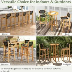 Tangkula Teak Wood Bar Chair, 30” Rattan Bar Stool with Backrest & Footrest
