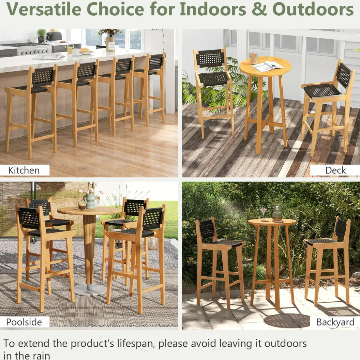 Tangkula Teak Wood Bar Chair, 30” Rattan Bar Stool with Backrest & Footrest