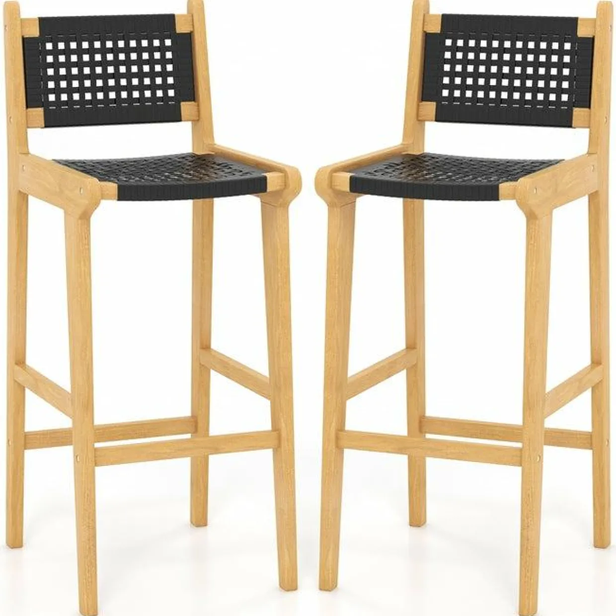 Tangkula Teak Wood Bar Chair, 30” Rattan Bar Stool with Backrest & Footrest