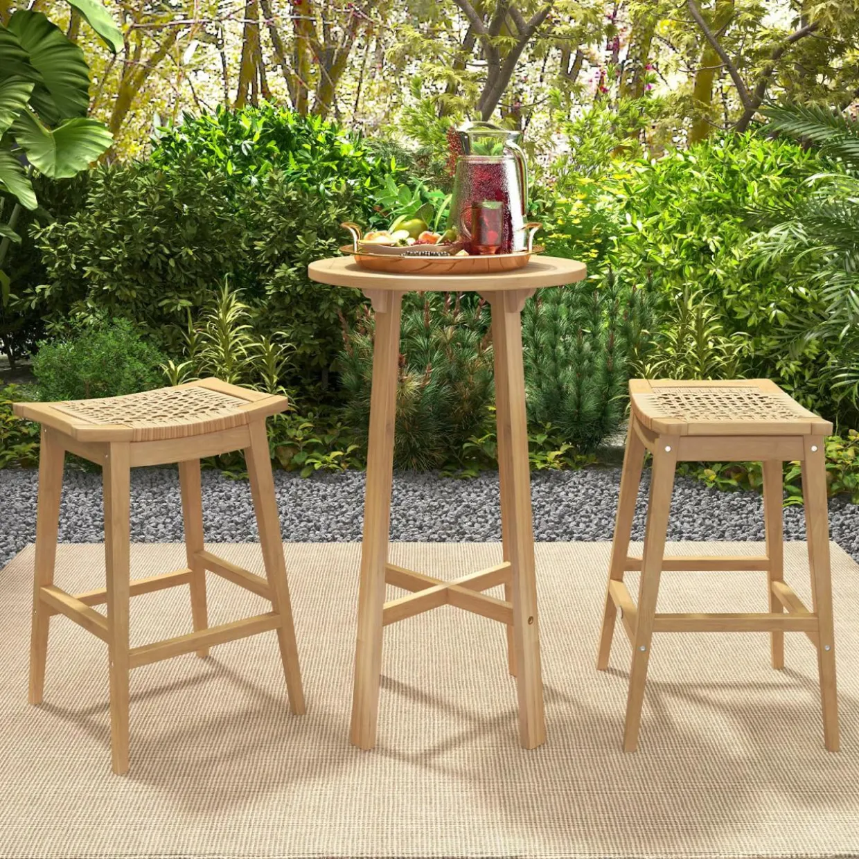 Tangkula Teak Wood Bar Stool, 29” Patio Rattan Barstool with Footrest & Saddle Seat