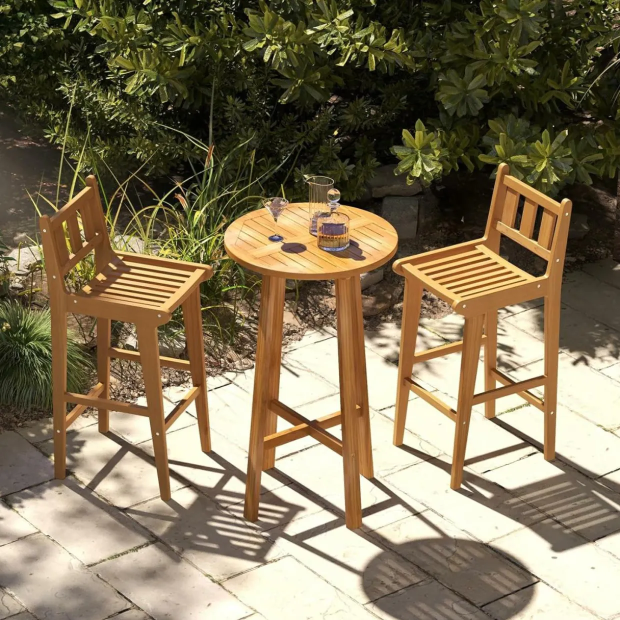 Tangkula Teak Wood Bar Stool, 30” Bar Chair with Footrest & Backrest