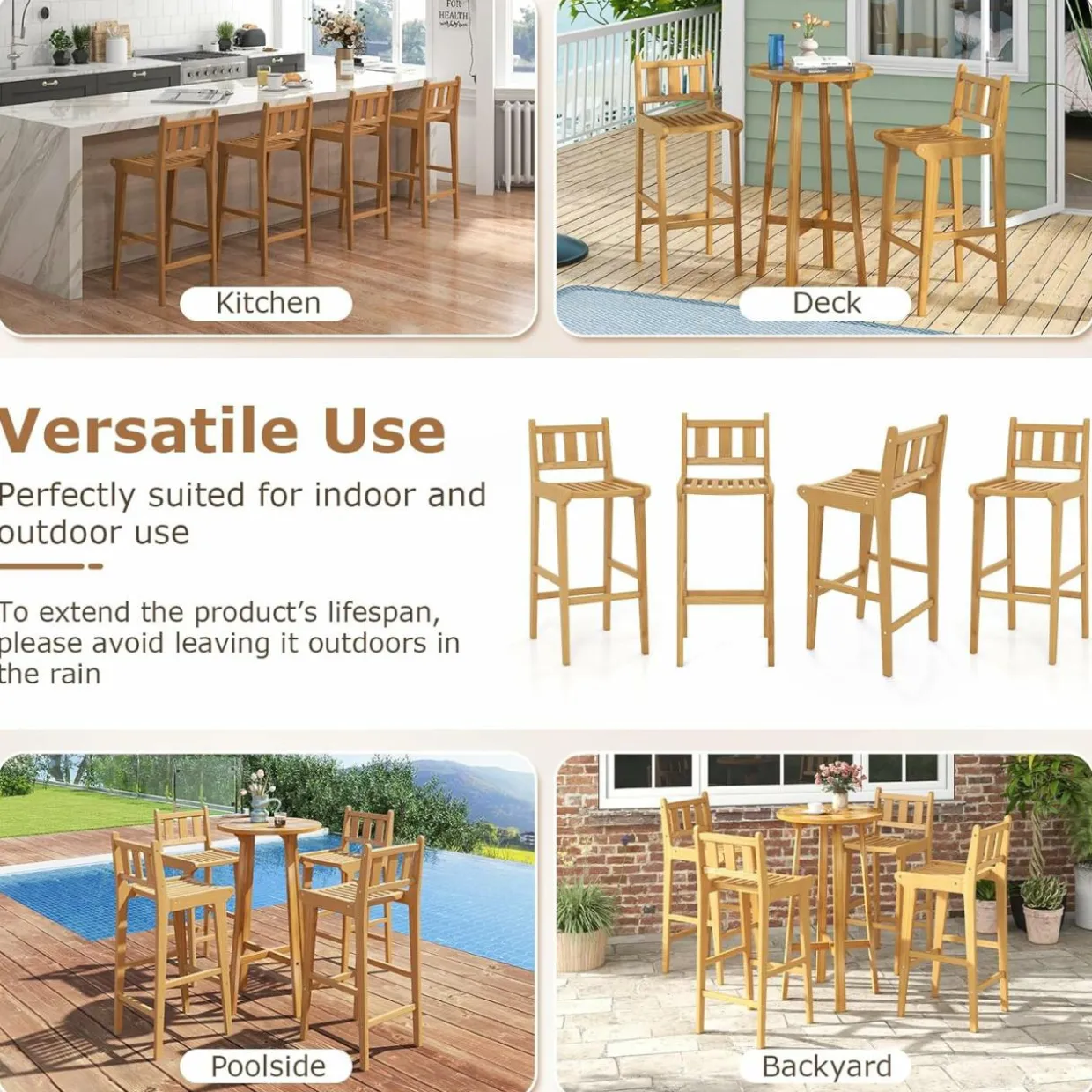 Tangkula Teak Wood Bar Stool, 30” Bar Chair with Footrest & Backrest