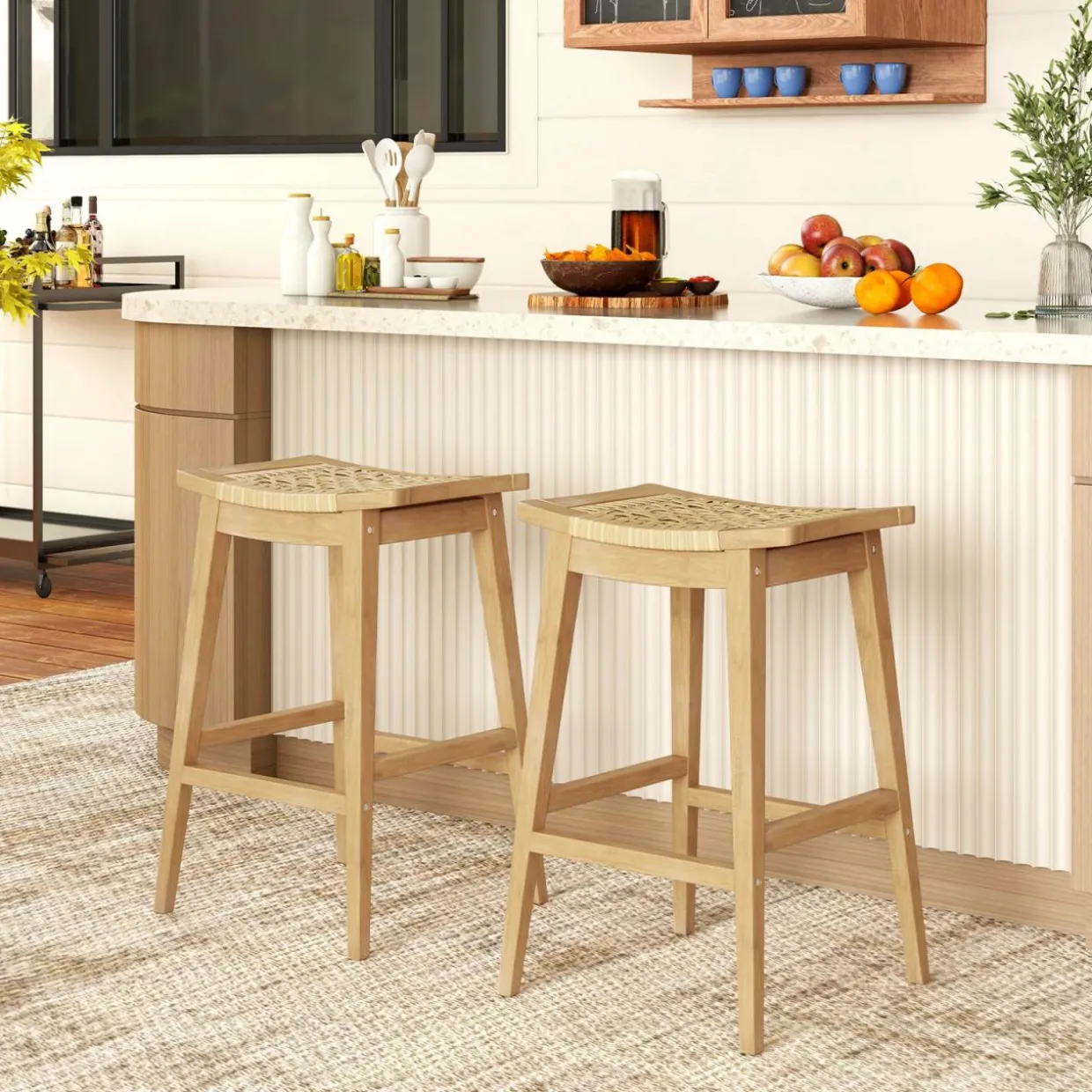Tangkula Teak Wood Bar Stool, 29” Patio Rattan Barstool with Footrest & Saddle Seat
