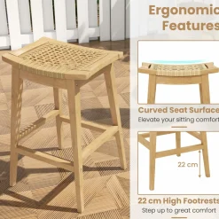 Tangkula Teak Wood Bar Stool, 29” Patio Rattan Barstool with Footrest & Saddle Seat