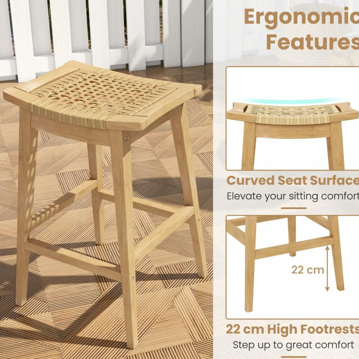 Tangkula Teak Wood Bar Stool, 29” Patio Rattan Barstool with Footrest & Saddle Seat
