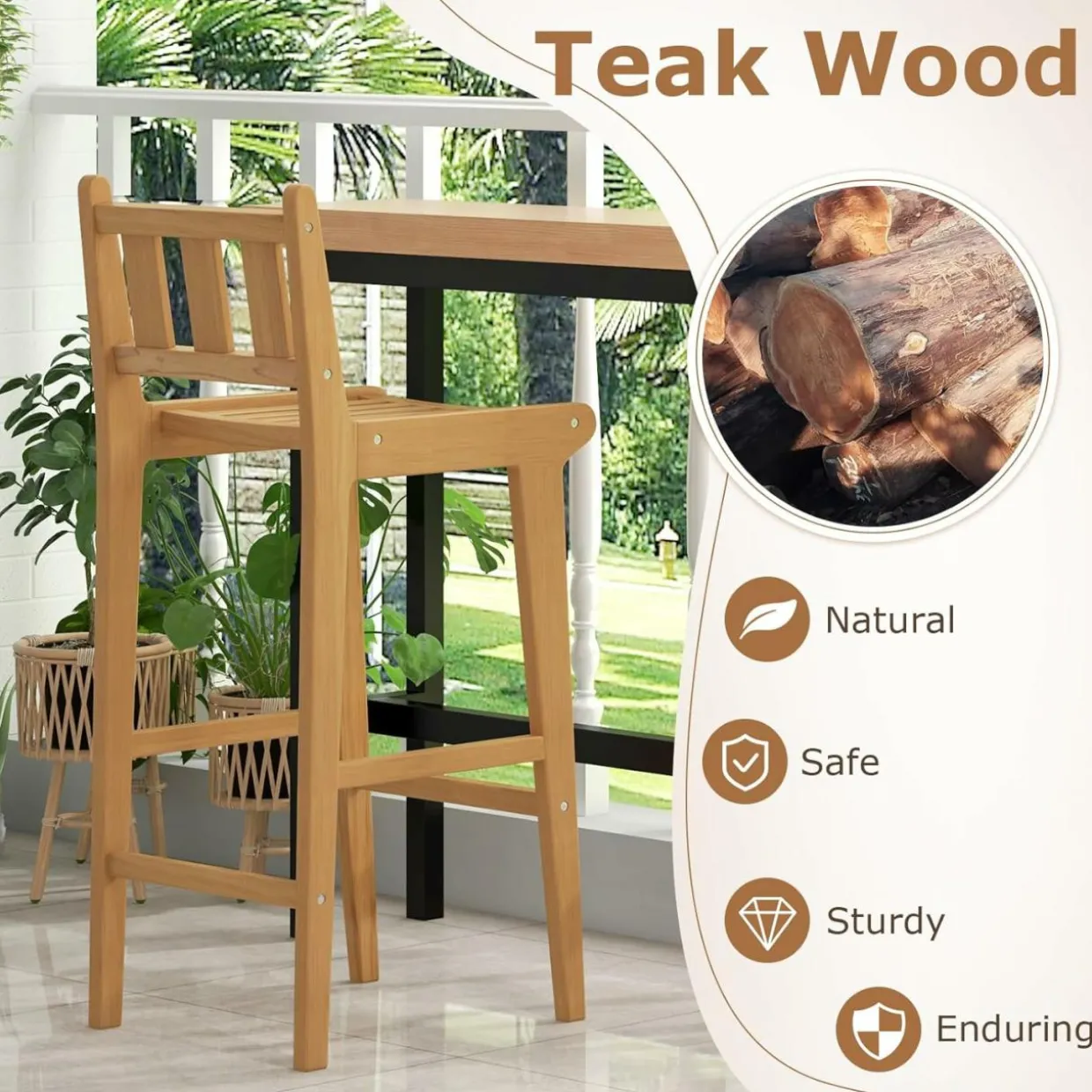Tangkula Teak Wood Bar Stool, 30” Bar Chair with Footrest & Backrest