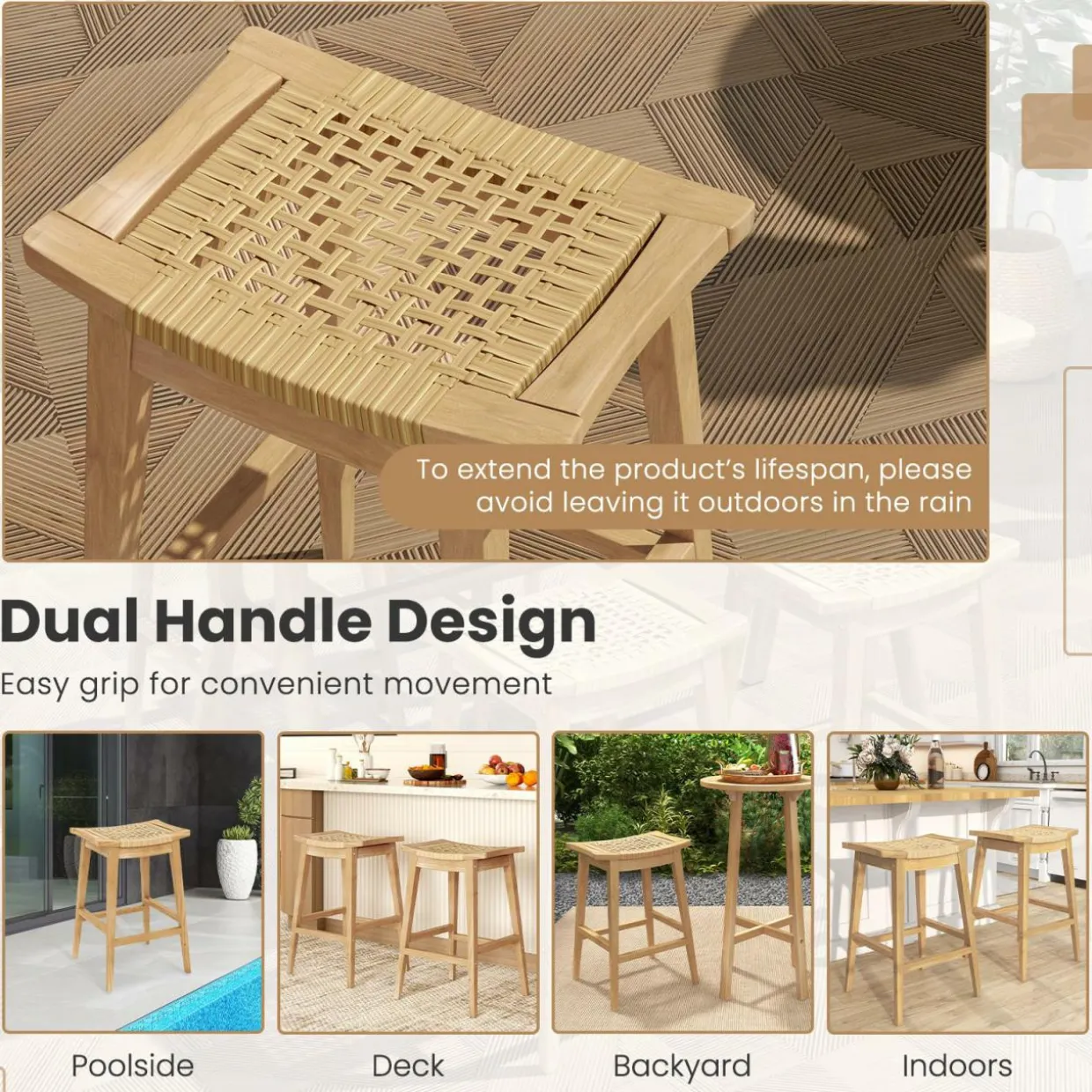 Tangkula Teak Wood Bar Stool, 29” Patio Rattan Barstool with Footrest & Saddle Seat