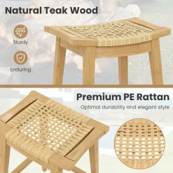 Tangkula Teak Wood Bar Stool, 29” Patio Rattan Barstool with Footrest & Saddle Seat