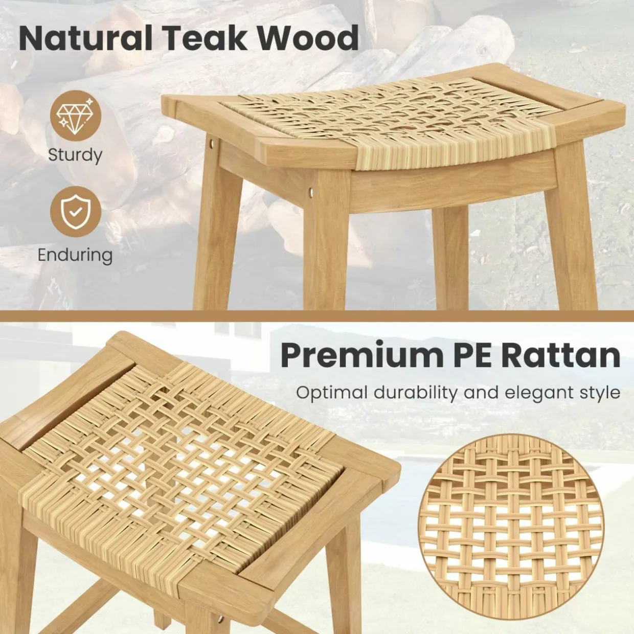 Tangkula Teak Wood Bar Stool, 29” Patio Rattan Barstool with Footrest & Saddle Seat