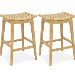 Tangkula Teak Wood Bar Stool, 29” Patio Rattan Barstool with Footrest & Saddle Seat