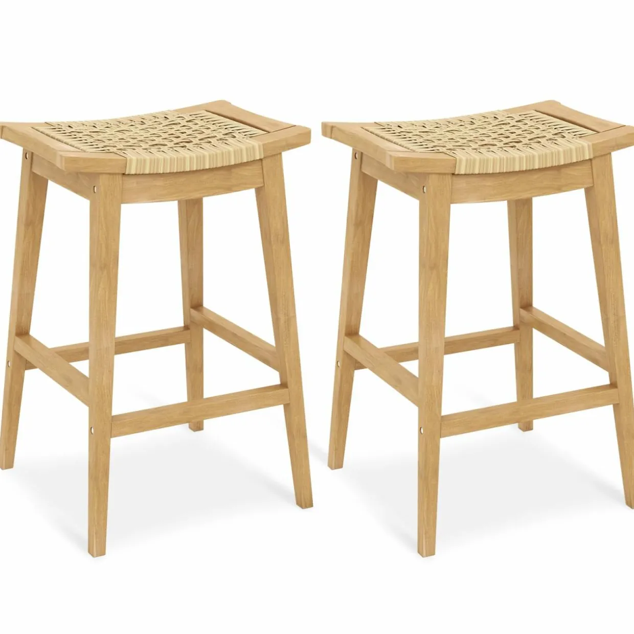 Tangkula Teak Wood Bar Stool, 29” Patio Rattan Barstool with Footrest & Saddle Seat