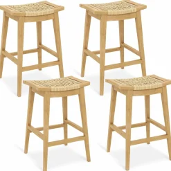 Tangkula Teak Wood Bar Stool, 29” Patio Rattan Barstool with Footrest & Saddle Seat