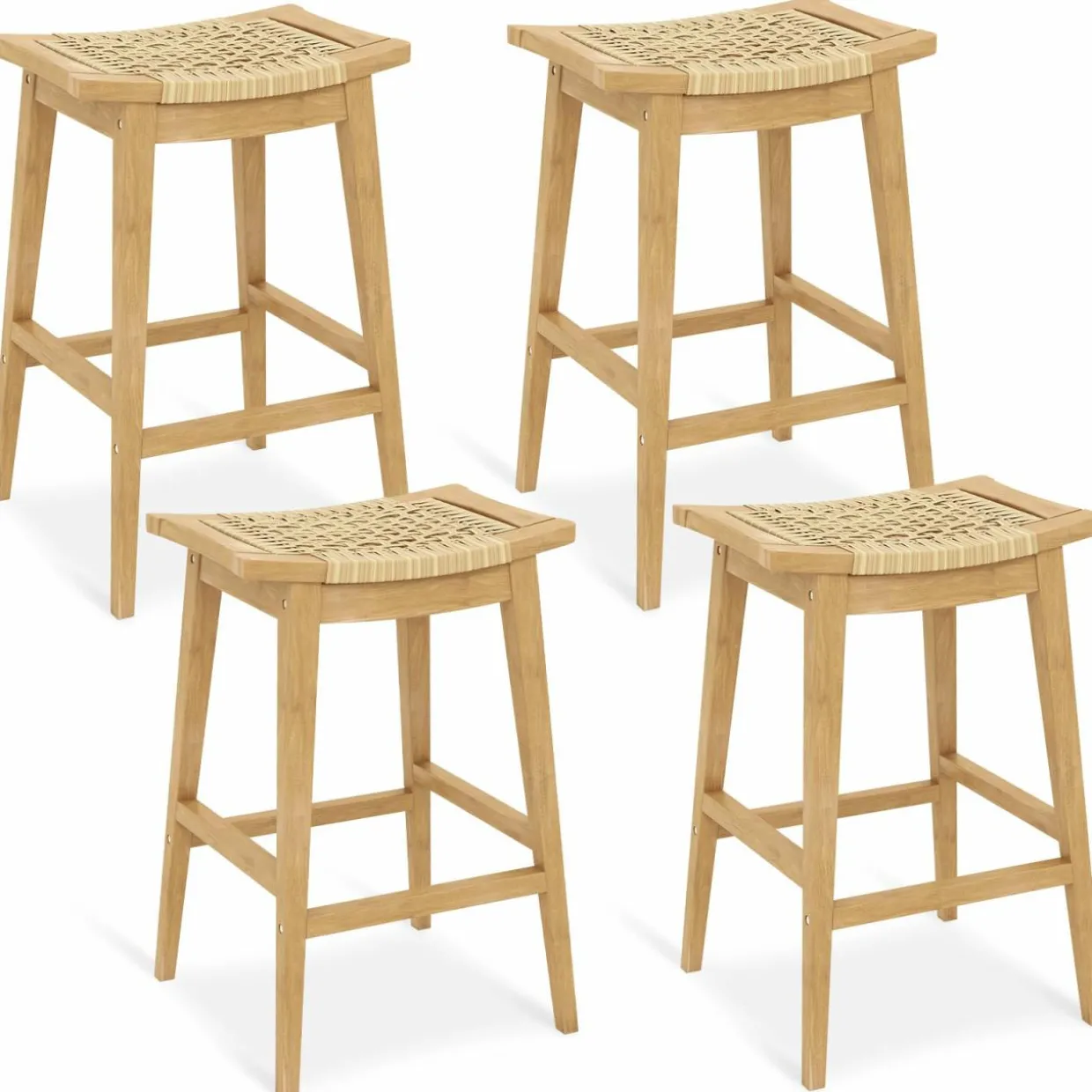 Tangkula Teak Wood Bar Stool, 29” Patio Rattan Barstool with Footrest & Saddle Seat