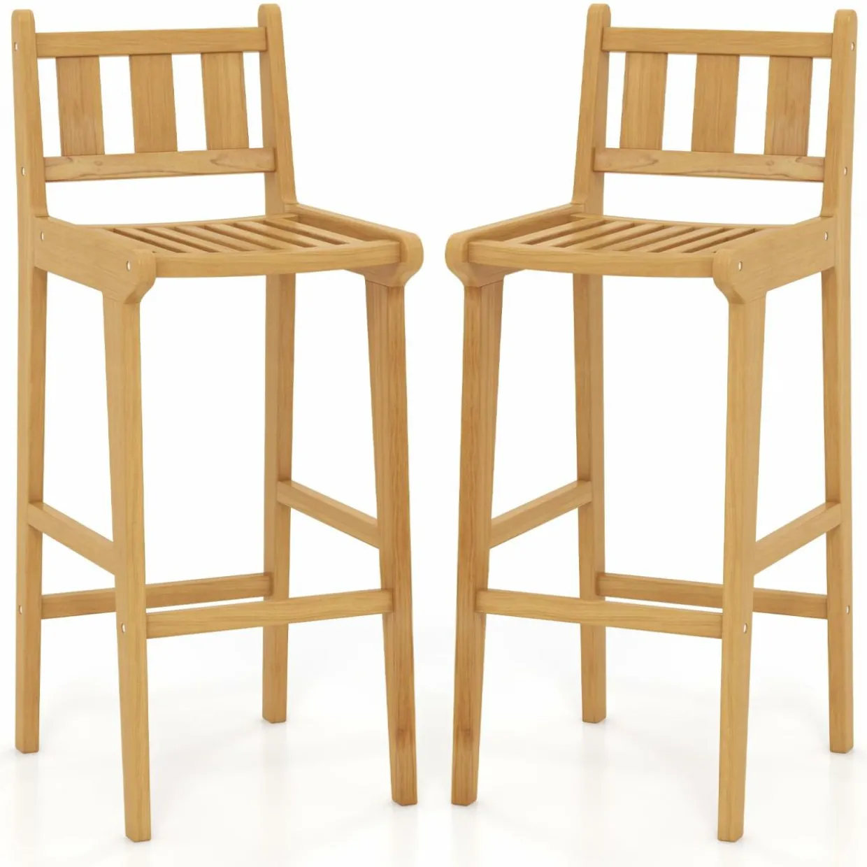 Tangkula Teak Wood Bar Stool, 30” Bar Chair with Footrest & Backrest