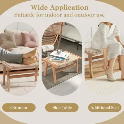 Tangkula Teak Wood Ottoman Footstool, Natural Teak Wooden Foot Rest with Braided Rope for Living Room Bedroom Office, 14