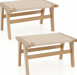 Tangkula Teak Wood Ottoman Footstool, Natural Teak Wooden Foot Rest with Braided Rope for Living Room Bedroom Office, 14