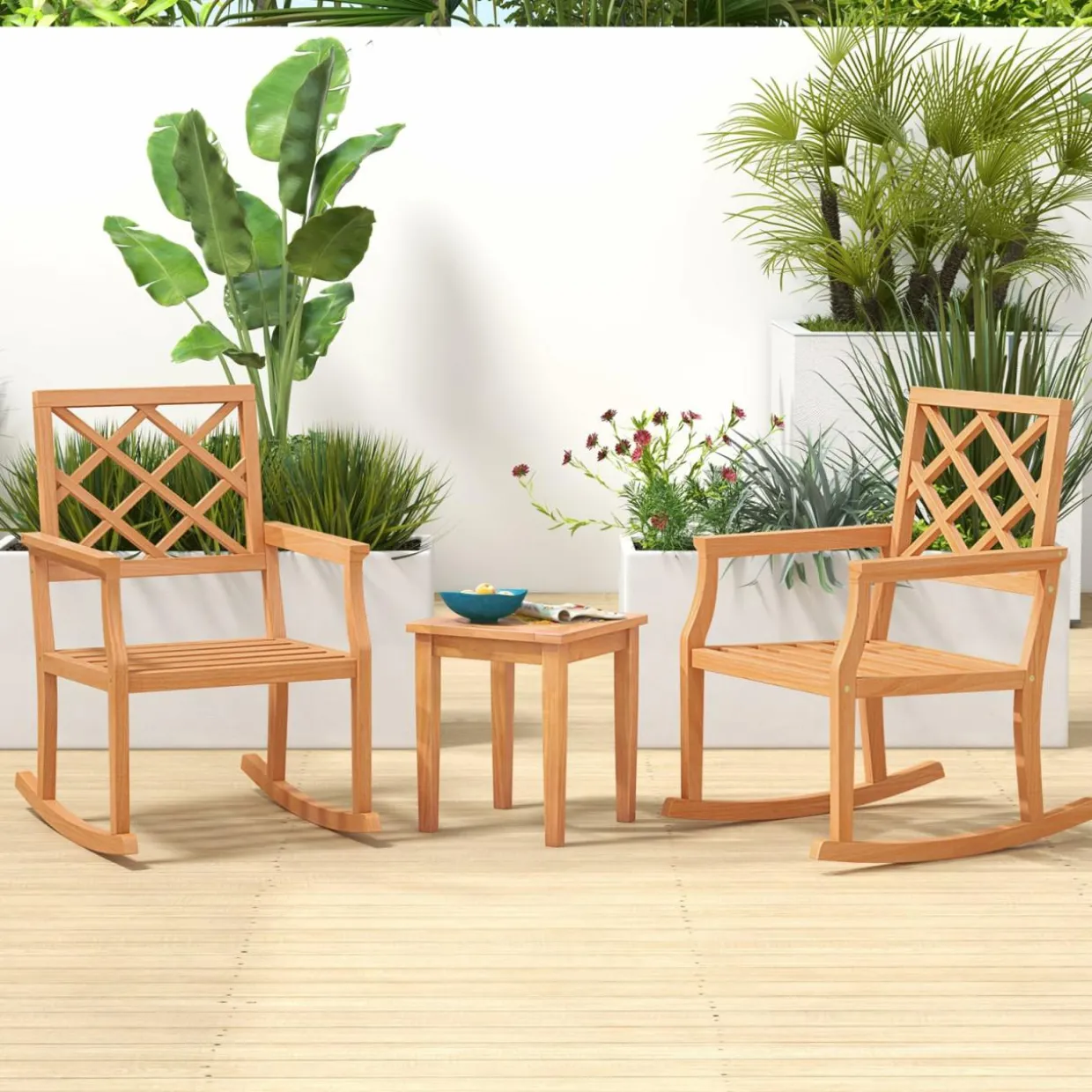 Tangkula Teak Wood Rocking Chair, Oversized Porch Rocker with Backrest and Slatted Seat(1/2, 30 x 23 x 35 Inch)