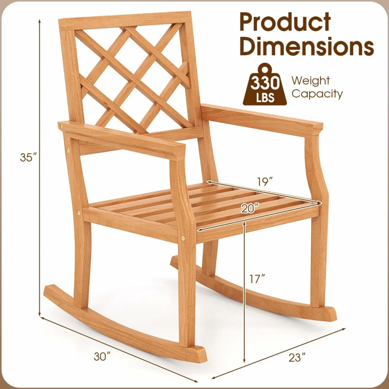 Tangkula Teak Wood Rocking Chair, Oversized Porch Rocker with Backrest and Slatted Seat(1/2, 30 x 23 x 35 Inch)