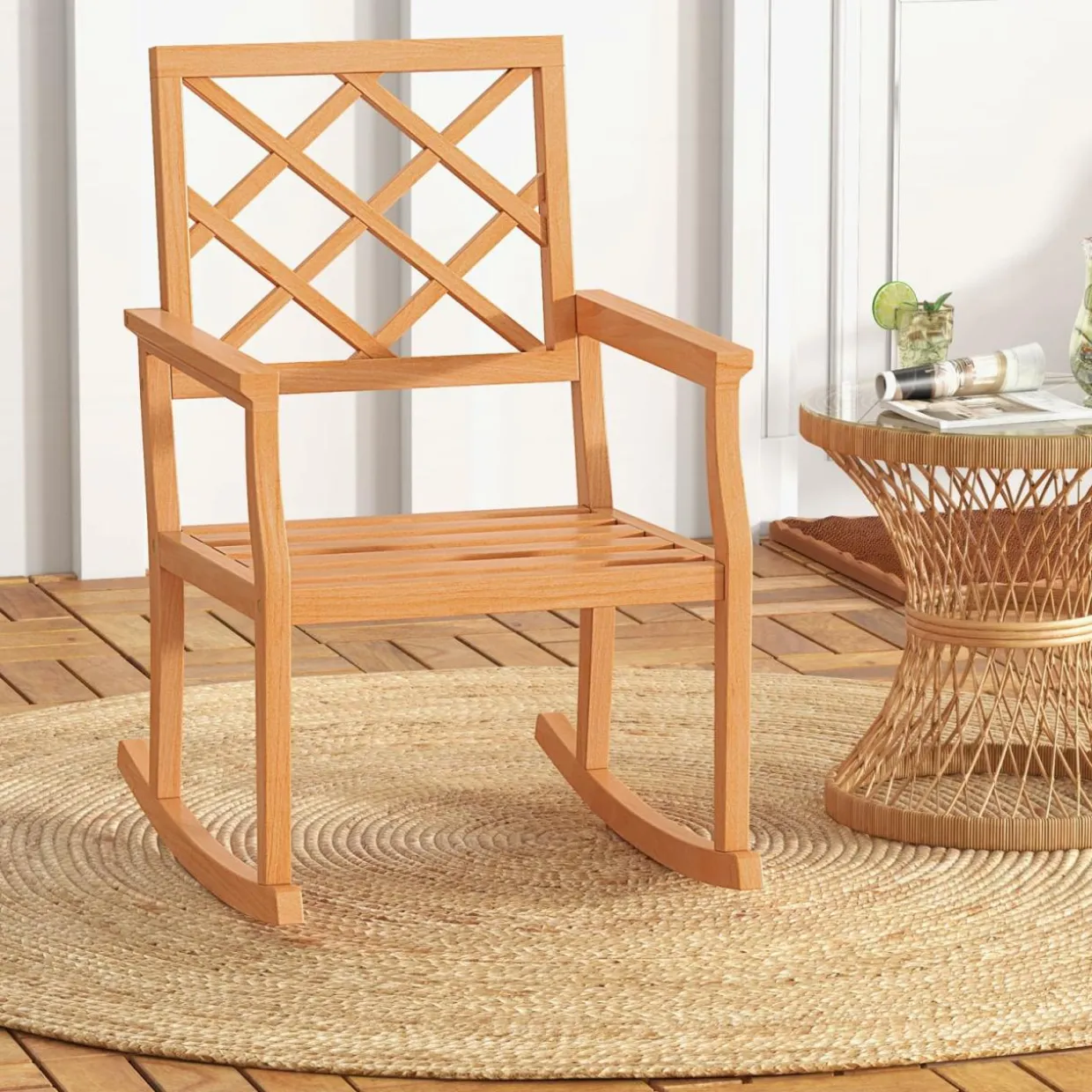 Tangkula Teak Wood Rocking Chair, Oversized Porch Rocker with Backrest and Slatted Seat(1/2, 30 x 23 x 35 Inch)
