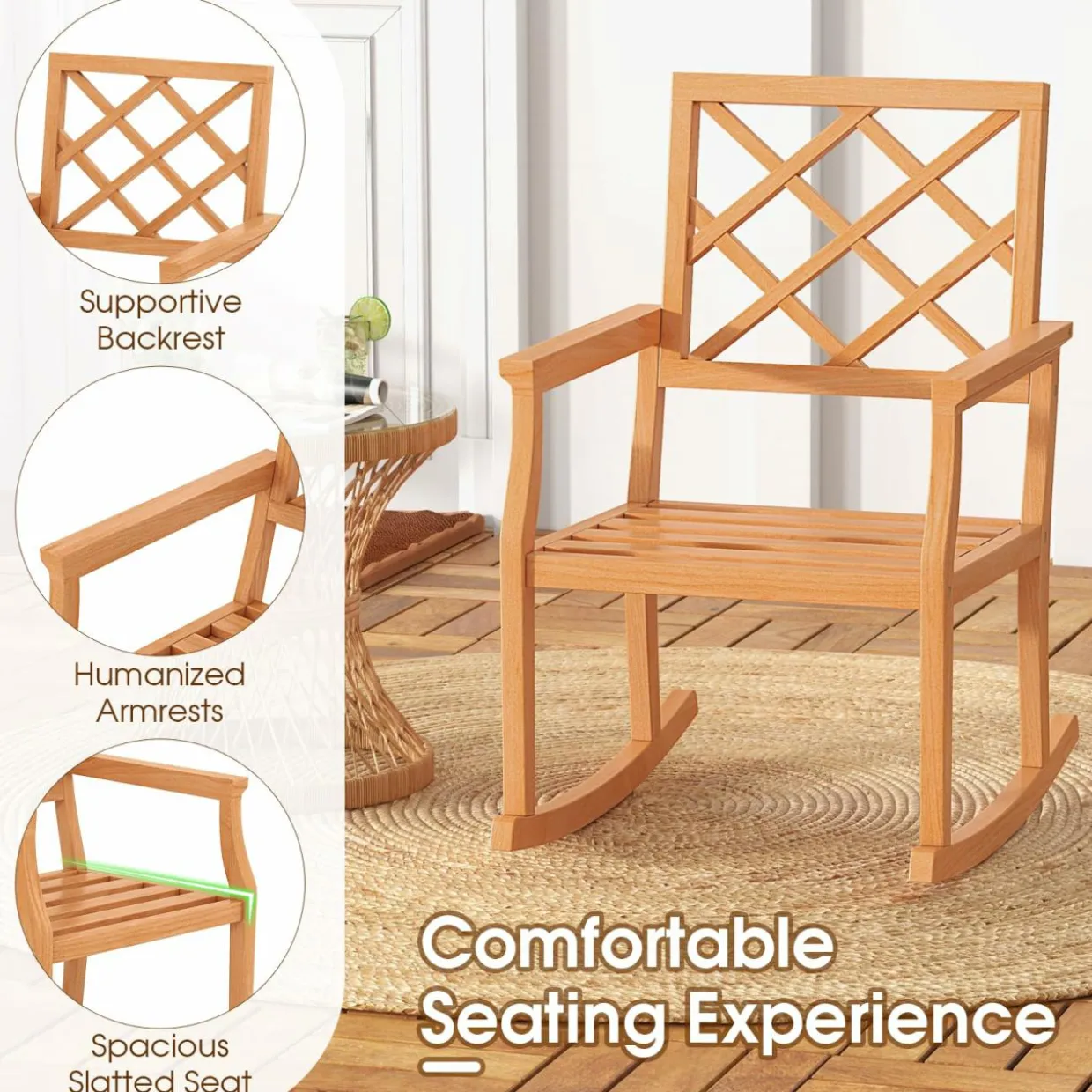 Tangkula Teak Wood Rocking Chair, Oversized Porch Rocker with Backrest and Slatted Seat(1/2, 30 x 23 x 35 Inch)
