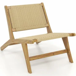Tangkula Teak Wooden Chair, Mid Century Modern Accent Chair with Braided Rope Seat & Backrest