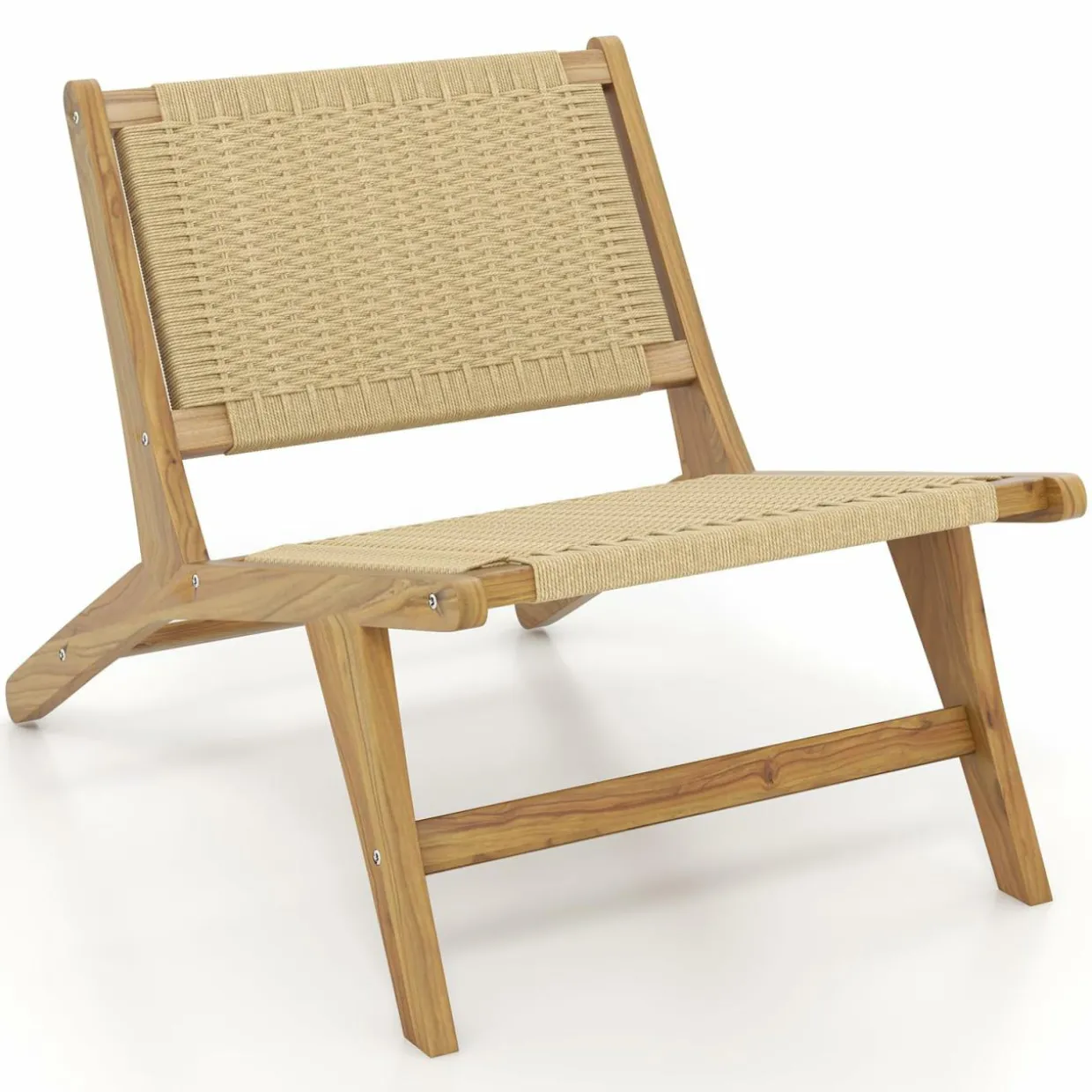 Tangkula Teak Wooden Chair, Mid Century Modern Accent Chair with Braided Rope Seat & Backrest