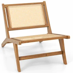 Tangkula Teak Wooden Chair, Mid Century Modern Accent Chair with Handwoven Rattan Seat & Backrest for Living Room Bedroom Office Indoor