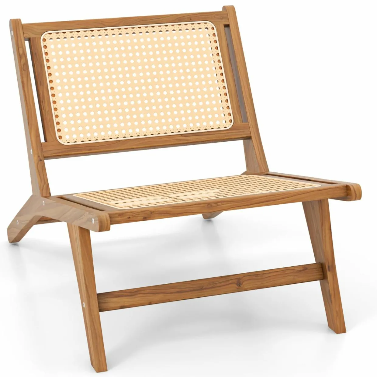 Tangkula Teak Wooden Chair, Mid Century Modern Accent Chair with Handwoven Rattan Seat & Backrest for Living Room Bedroom Office Indoor