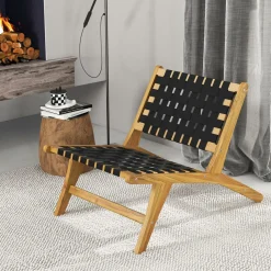 Tangkula Teak Wooden Chair, Mid Century Modern Accent Chair with Woven Webbing Seat & Backrest