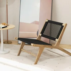 Tangkula Teak Wooden Chair, Mid Century Modern Accent Chair with Handwoven Cordage Seat & Backrest