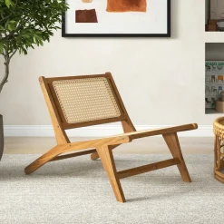 Tangkula Teak Wooden Chair, Mid Century Modern Accent Chair with Handwoven Rattan Seat & Backrest for Living Room Bedroom Office Indoor