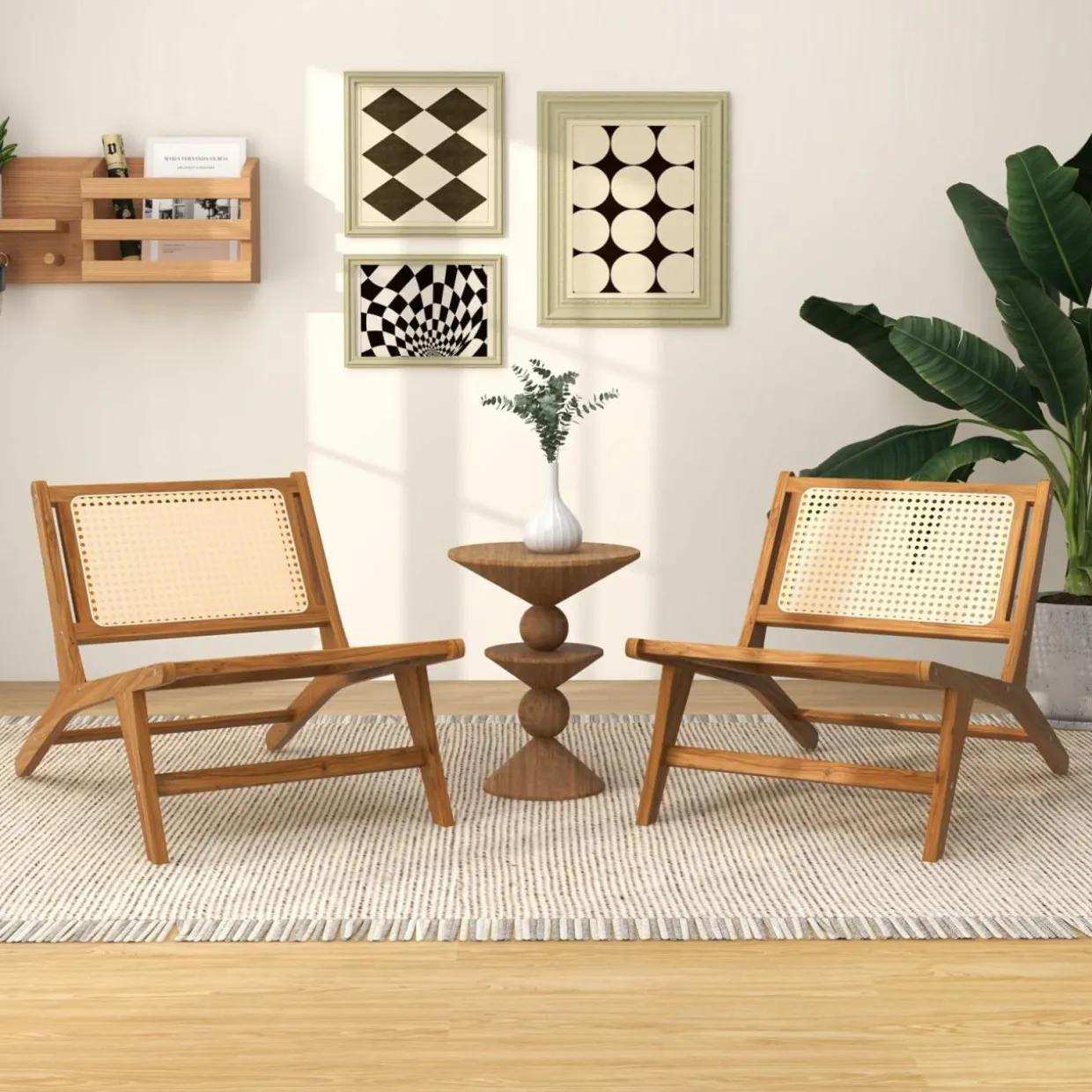 Tangkula Teak Wooden Chair, Mid Century Modern Accent Chair with Handwoven Rattan Seat & Backrest for Living Room Bedroom Office Indoor