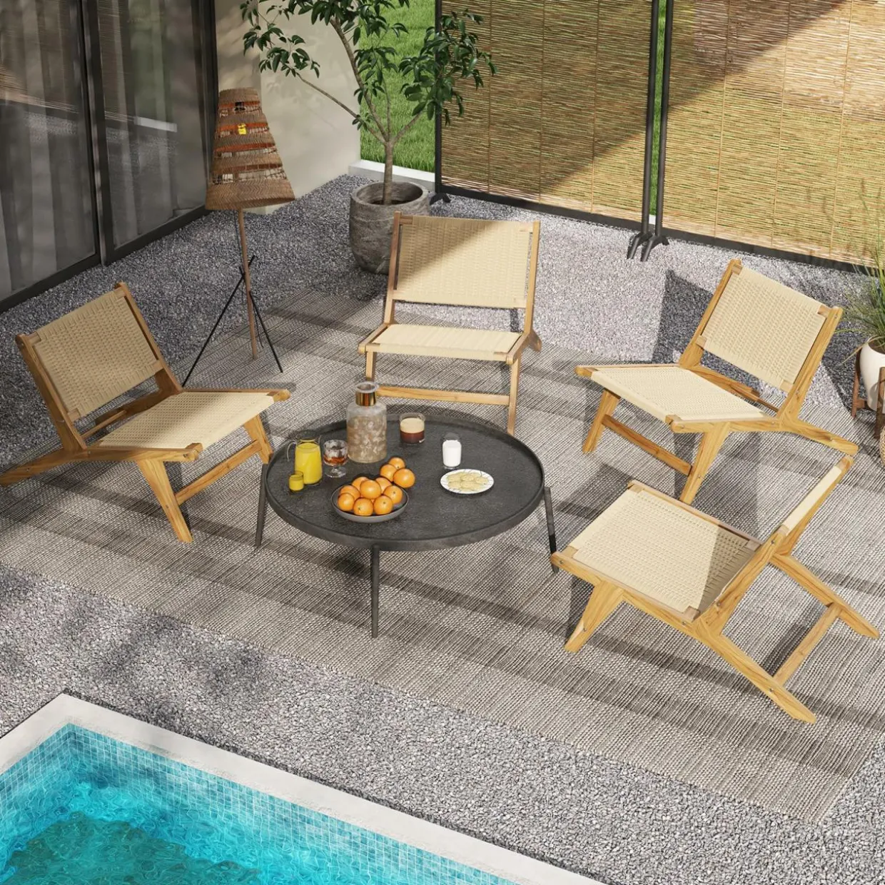 Tangkula Teak Wooden Chair, Mid Century Modern Accent Chair with Braided Rope Seat & Backrest