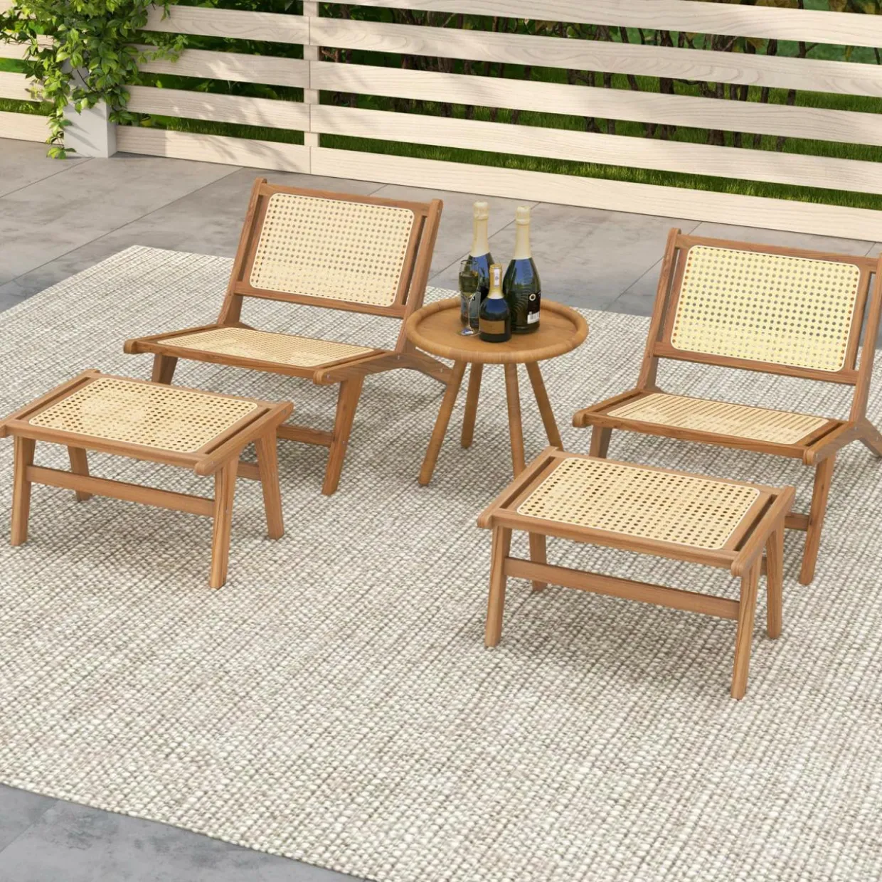 Tangkula Teak Wooden Chair, Mid Century Modern Accent Chair with Handwoven Rattan Seat & Backrest for Living Room Bedroom Office Indoor