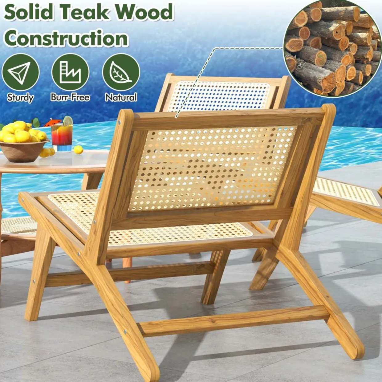 Tangkula Teak Wooden Chair, Mid Century Modern Accent Chair with Handwoven Rattan Seat & Backrest for Living Room Bedroom Office Indoor