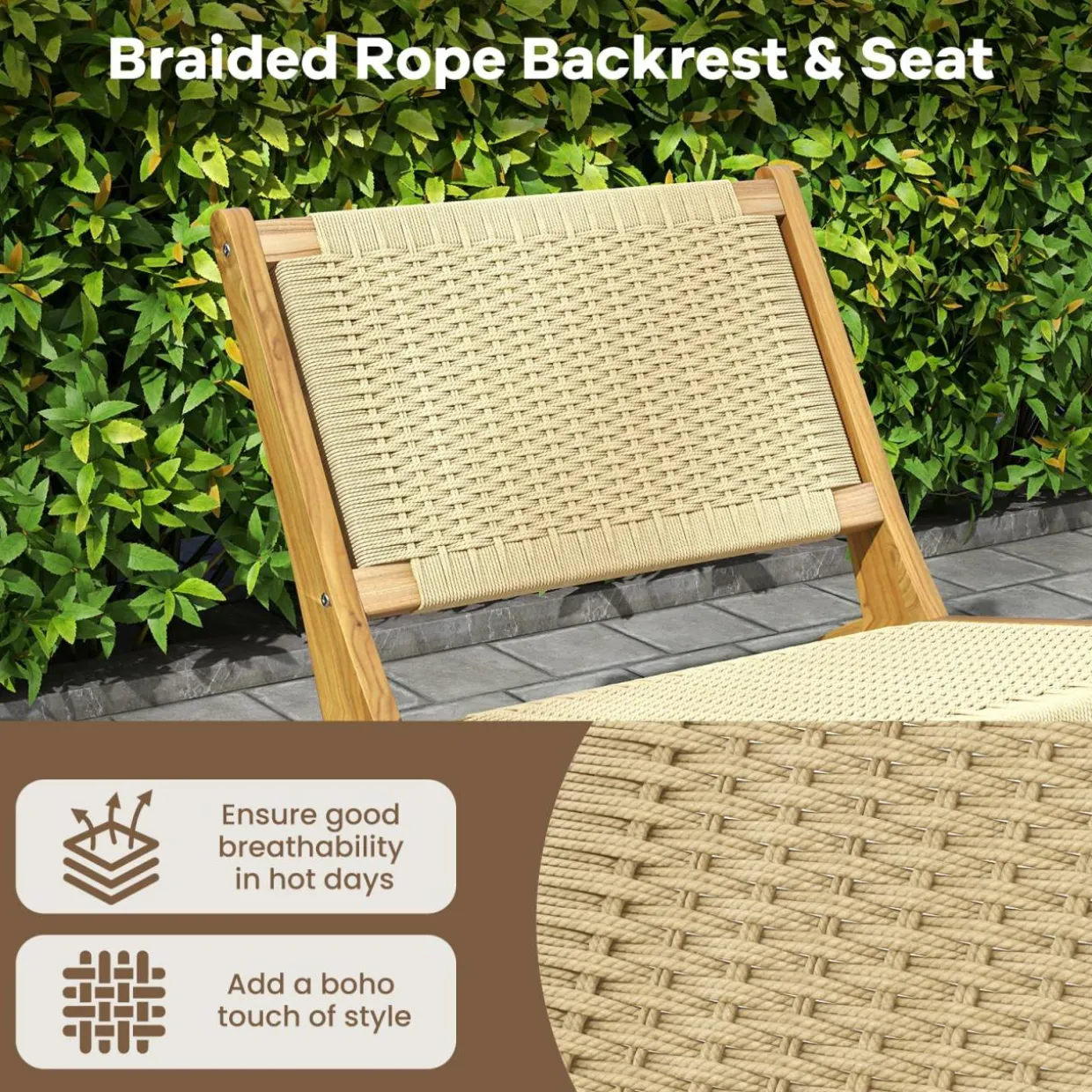 Tangkula Teak Wooden Chair, Mid Century Modern Accent Chair with Braided Rope Seat & Backrest