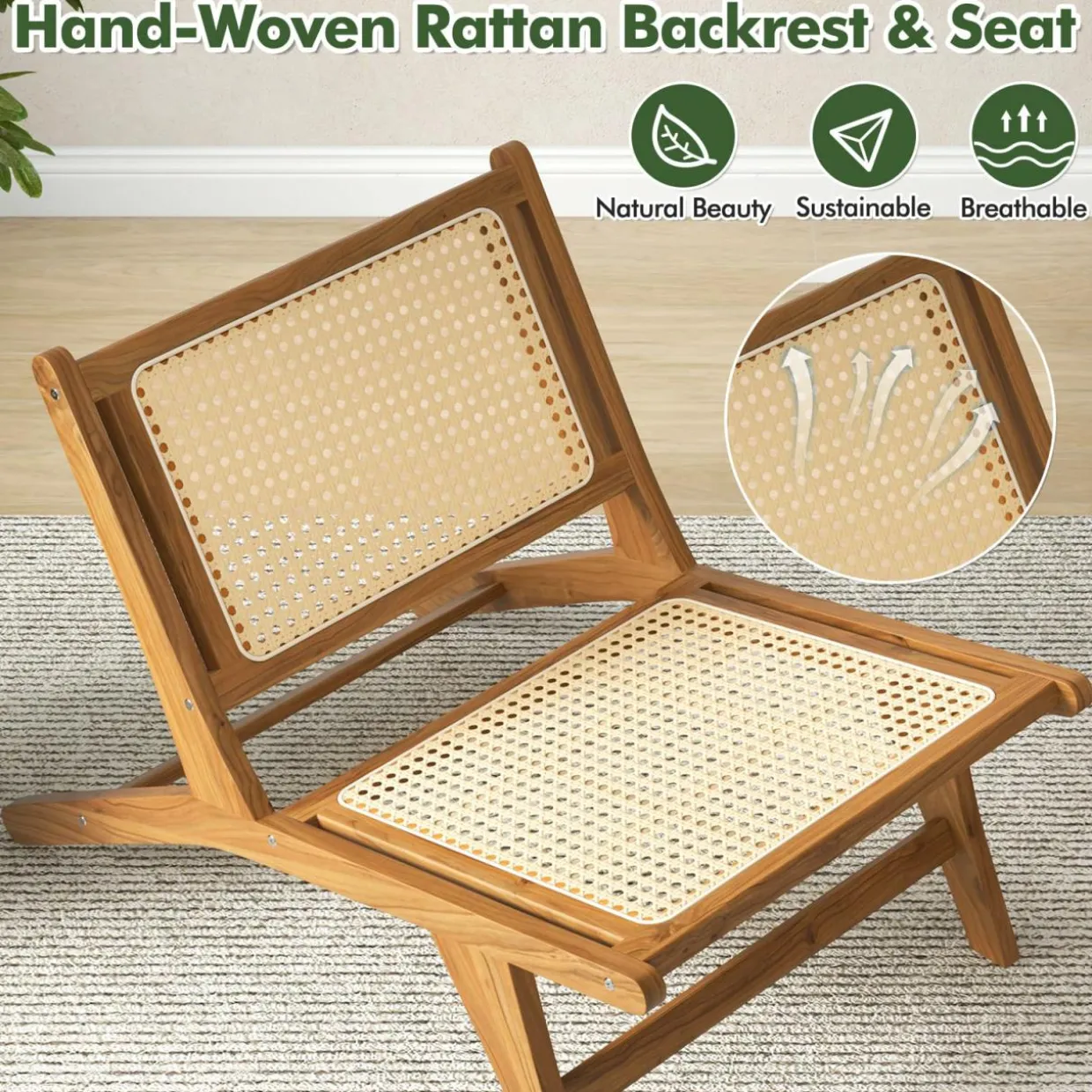 Tangkula Teak Wooden Chair, Mid Century Modern Accent Chair with Handwoven Rattan Seat & Backrest for Living Room Bedroom Office Indoor