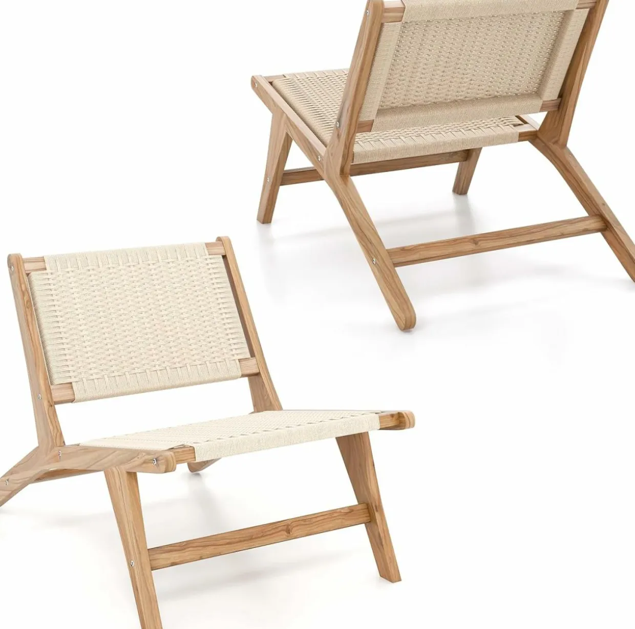 Tangkula Teak Wooden Chair, Mid Century Modern Accent Chair with Braided Rope Seat & Backrest