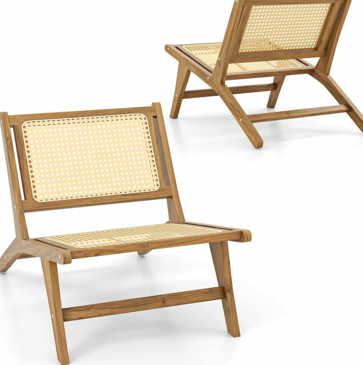Tangkula Teak Wooden Chair, Mid Century Modern Accent Chair with Handwoven Rattan Seat & Backrest for Living Room Bedroom Office Indoor